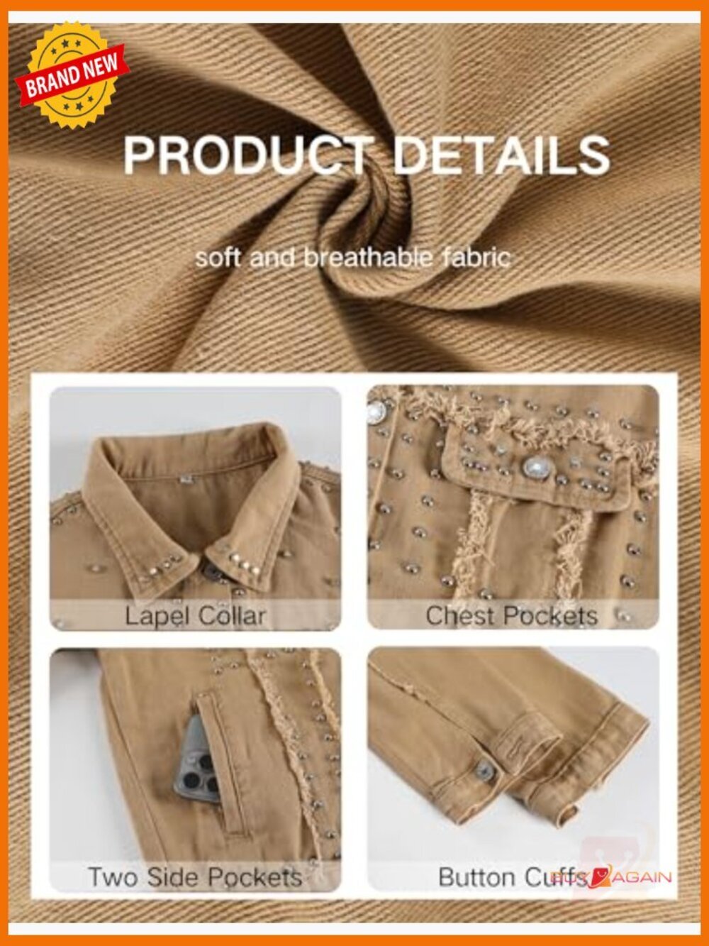 Dressy Rivet Studded Cropped Jean Jacket Women Western Washed Denim Coat - Picture 3 of 7
